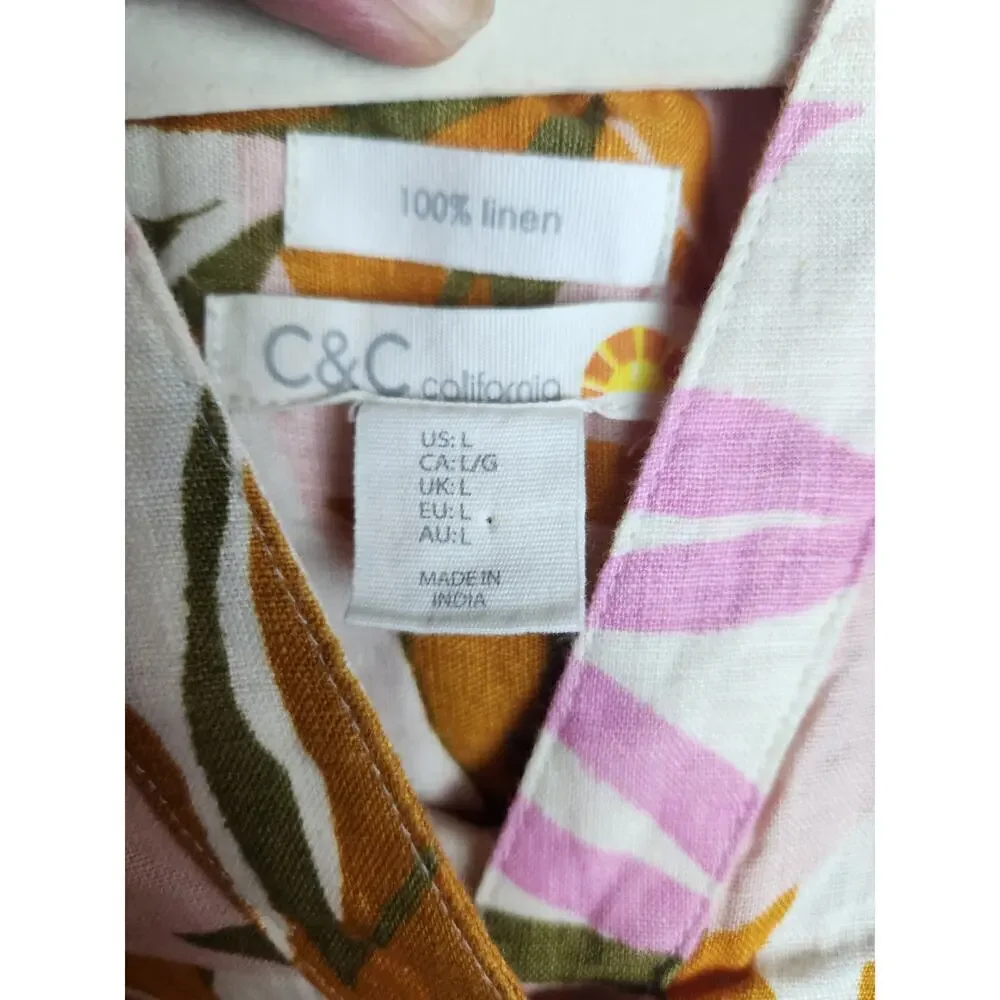 C&C California tropical linen shift dress sz L pockets opt tie waist boxy beachy - Picture 6 of 10
